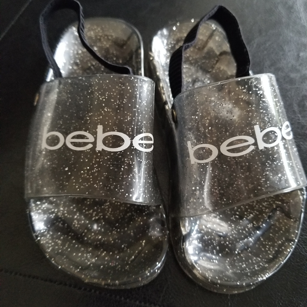Nwot bebe baby girl toddler glitter  jelly black clear gray sandals 9/10